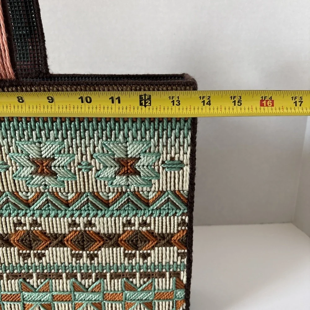 Vintage Handmade Needlepoint Cross Stitch Box Aztec Desert Cactus Purse